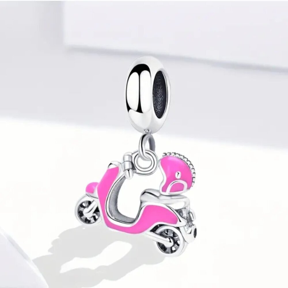 Miniature Pink motorcycle Motor Bike Enamel Silverplated Bracelet charm